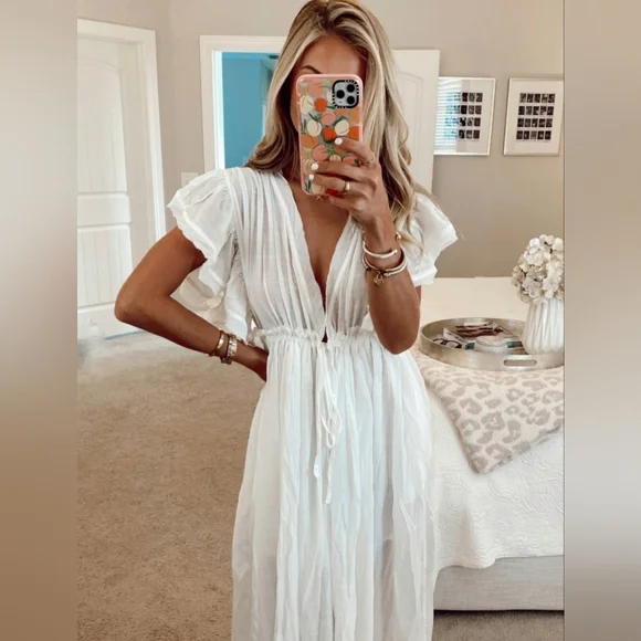 New Flowy Plunge Maxi Gauze Cover Up Dress Summer White